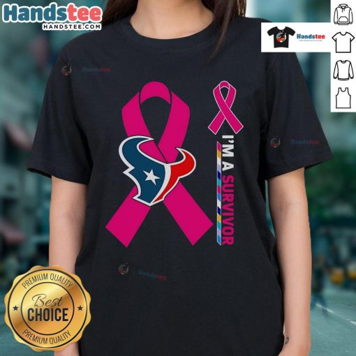 Good Houston Texans X Cancer Awareness 'I'm A Survivor' Ladies Tee showcasing support for cancer survivors in vibrant colors.