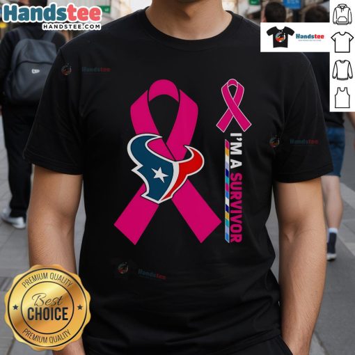 Alt Text: Good Houston Texans X Cancer Awareness I'M A Survivor T-Shirt showcasing support for cancer survivors in team colors.