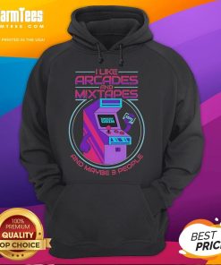 Good I Like Arcades and Mixtapes and Maybe 3 People hoodie design featuring retro arcade graphics and vibrant colors.
