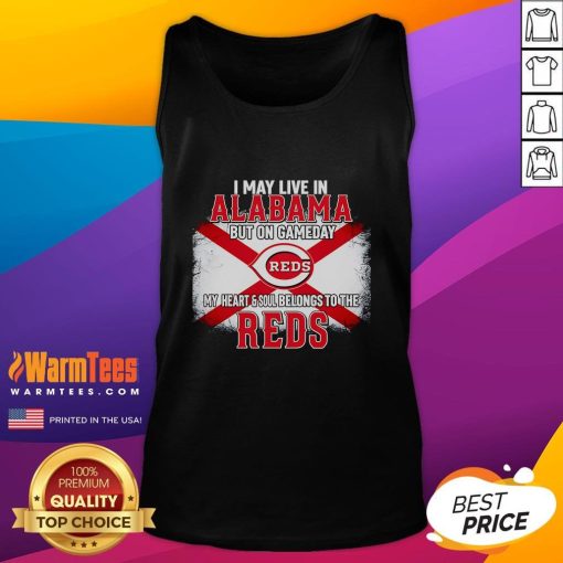 Woman wearing a 'Good I May Live In Alabama But On Gameday My Heart And Soul Belongs To Reds' tank top, cheering for her team.