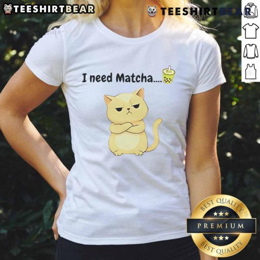 Good I Need Matcha Cat Ladies Tee featuring a cute cat graphic and vibrant matcha green color for cat lovers.
