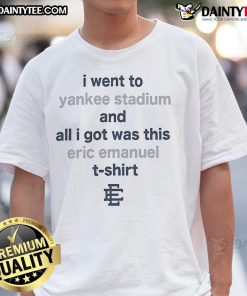 Alt Text: Eric Emanuel t-shirt from New York Yankees Stadium visit, showcasing iconic baseball fashion and team spirit.