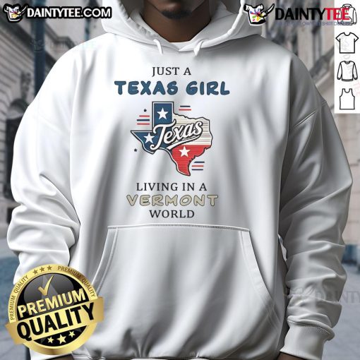 Cozy hoodie featuring 'Good Just A Texas Girl Living In A Vermont World' slogan, perfect for stylish winter wear.