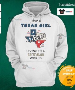 Texas girl living in Utah world hoodie, showcasing a stylish design perfect for proud Texans in a new environment.