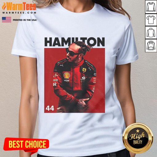 Alt Text: Good Lewis Hamilton Formula One 2025 ladies tee featuring stylish design and vibrant colors for racing fans.