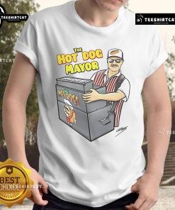 Good Mike The Hot Dog Mayor T-Shirt featuring a fun graphic of a hot dog character with mayoral accessories.