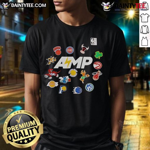 Alt Text: Good Mitchell Ness NBA Amp T-Shirt featuring vibrant team colors and logo, perfect for basketball fans.