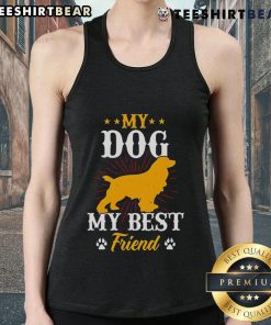 Woman wearing a 'Good My Dog My Best Friend' tank top, showcasing her love for dogs and stylish pet-themed fashion.