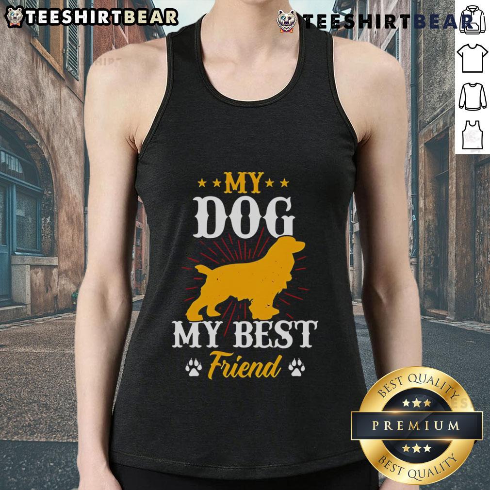 Good My Dog My Best Friend Tank Top Woman wearing a 'Good My Dog My Best Friend' tank top, showcasing her love for dogs and stylish pet-themed fashion.