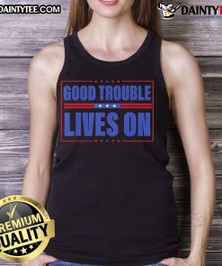 Retro vintage tank top featuring 'Good Necessary Trouble' graphic, perfect for casual wear and statement fashion.