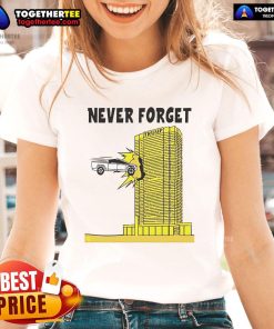 Alt Text: Tesla Cybertruck crashed into Trump building, featured on a ladies tee, blending humor and pop culture.
