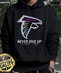 Atlanta Falcons hoodie featuring 'Good Never Give Up Fight Cancer' design in vibrant colors, perfect for sports and awareness.