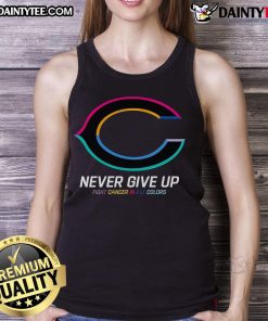 Colorful 'Never Give Up' cancer awareness tank top featuring Chicago Bears logo, promoting strength and resilience.