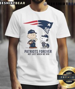 Alt Text: Charlie Brown and Snoopy in a New England Patriots t-shirt, Patriots Forever, Not Just When We Win.