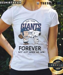 Good New York Giants Charlie Brown Snoopy tee for ladies, celebrating Giants fandom with 'Giants Forever' slogan.