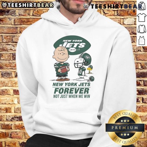 Good New York Jets Charlie Brown Snoopy hoodie with 'Jets Forever Not Just When We Win' design, perfect for fans.