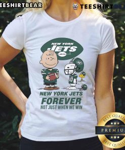 Good New York Jets Charlie Brown Snoopy Jets Forever ladies tee celebrating Jets fandom, perfect for game day.