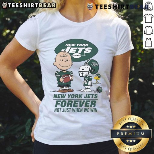Good New York Jets Charlie Brown Snoopy Jets Forever ladies tee celebrating Jets fandom, perfect for game day.