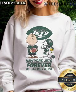 Good New York Jets Charlie Brown Snoopy Jets Forever sweatshirt celebrating Jets fandom and loyalty.