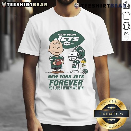 Good New York Jets Charlie Brown Snoopy Jets Forever T-Shirt showcasing team spirit and loyalty for fans.