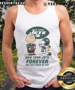 Good New York Jets Charlie Brown Snoopy tank top with 'Jets Forever Not Just When We Win' slogan, perfect for fans.