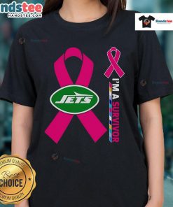 Good New York Jets X Cancer Awareness 'I'm a Survivor' Ladies Tee showcasing support for cancer survivors and NFL pride.