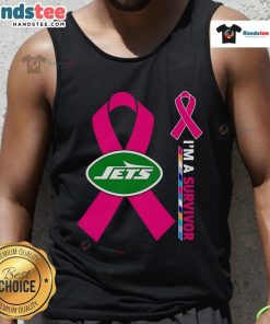 New York Jets cancer awareness tank top featuring 'I'm a Survivor' message, perfect for showing support and strength.