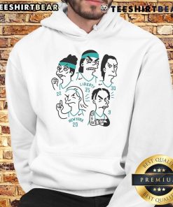 Good New York Liberty players Sabrina Ionescu, Courtney Vandersloot, Breanna Stewart, Jonquel Jones, and Betnijah Laney in hoodies.