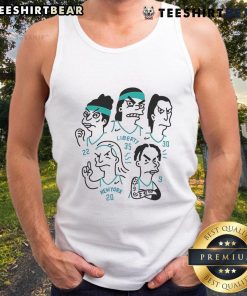 New York Liberty players Sabrina Ionescu, Courtney Vandersloot, Breanna Stewart, Jonquel Jones, and Betnijah Laney in tank tops.