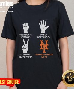 Good New York Mets ladies tee featuring 'Nothing Beats Mets' design with rock-paper-scissors graphic for fans.