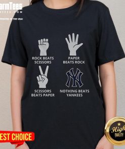 Good New York Yankees tee featuring 'Nothing Beats Yankees' design with a fun rock-paper-scissors theme.