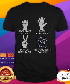 Alt Text: Good New York Yankees t-shirt featuring a fun 'Rock Beats Scissors, Paper Beats Rock' design for fans.