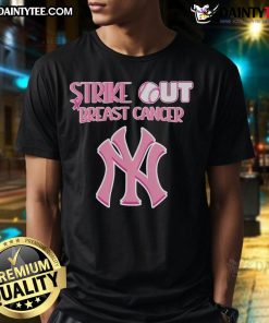 Alt Text: Good New York Yankees Strike Out Breast Cancer T-Shirt featuring iconic team logo and pink ribbon design for awareness.