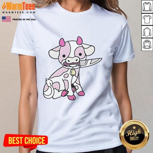 Good Pink Cow Knife Ladies Tee featuring a playful cow graphic, perfect for casual wear and animal lovers.
