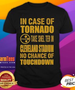 Good Pittsburgh Cleveland tornado shelter T-shirt design featuring Cleveland Stadium and a touchdown graphic.