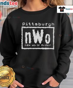 Alt Text: Stylish Good Pittsburgh nWo New World Order sweatshirt featuring iconic logo and vibrant colors, perfect for fans.