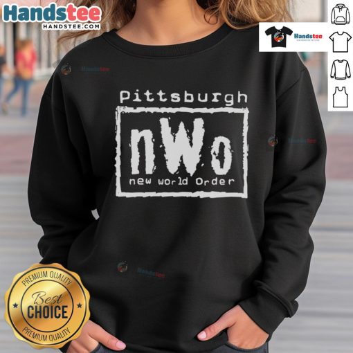 Alt Text: Stylish Good Pittsburgh nWo New World Order sweatshirt featuring iconic logo and vibrant colors, perfect for fans.