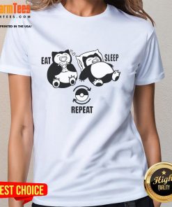 Ladies tee featuring Snorlax with 'Eat Sleep Repeat' slogan, perfect for Pokemon fans and comfy casual wear.
