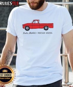 Good Red Truck Montauk General X Role Model T-Shirt displayed on a hanger, featuring a vibrant red truck graphic design.