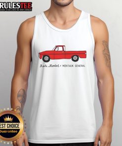 Alt Text: Good red truck parked in Montauk, featuring a model wearing a General X Role Model tank top.