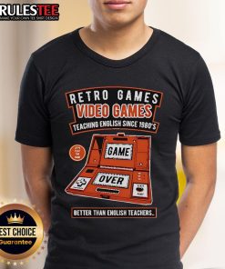 Retro video games t-shirt featuring 'Teaching English Since 1980s' slogan, perfect for gamers and English teachers alike.