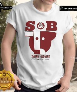 Alt Text: Good S And B Swine And Bovine Its Udderly Delicious T-Shirt featuring fun farm animal graphics and vibrant colors.