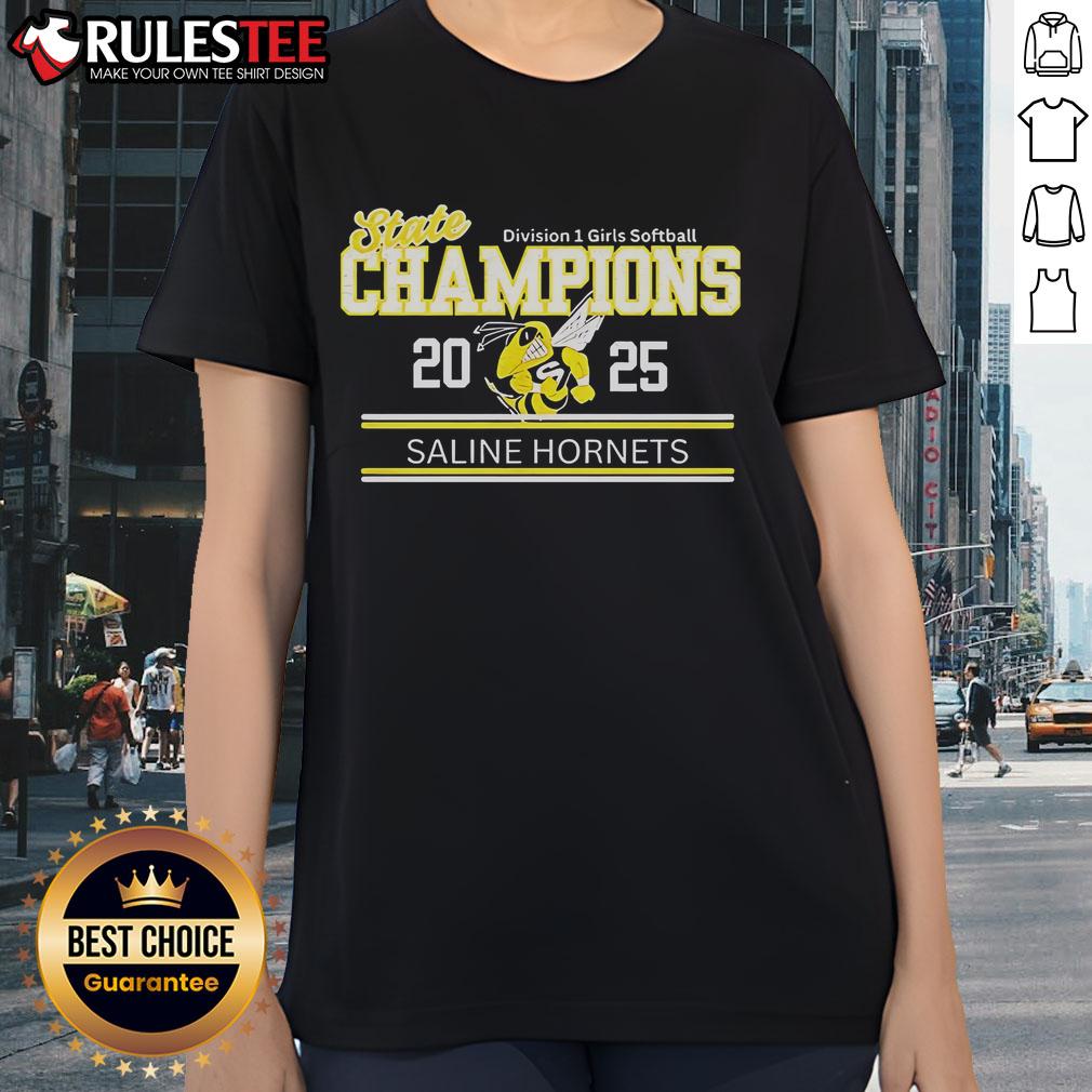 Good Saline Hornets State Champions 2025 Division 1 Girls Softball Ladies Tee Good Saline Hornets State Champions 2025 Division 1 Girls Softball ladies tee celebrating their victory in style.