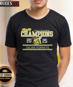 Good Saline Hornets State Champions 2025 Division 1 Girls Softball T-Shirt featuring team logo and championship details.