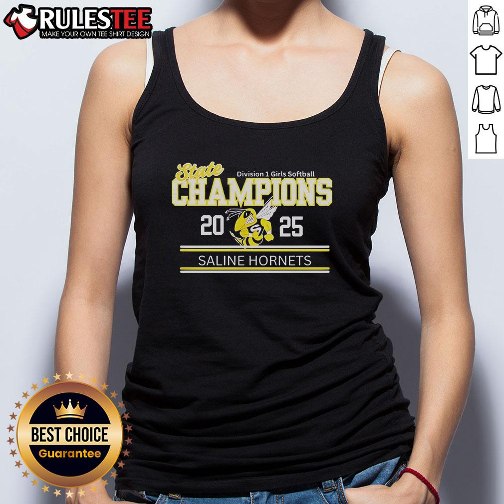 Good Saline Hornets State Champions 2025 Division 1 Girls Softball Tank Top Good Saline Hornets State Champions 2025 Division 1 Girls Softball Tank Top featuring team logo and vibrant colors.