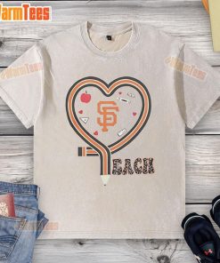 San Francisco Giants baseball love teaching heart graphic on a washed t-shirt, perfect for fans and casual wear.