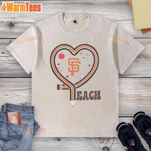 San Francisco Giants baseball love teaching heart graphic on a washed t-shirt, perfect for fans and casual wear.