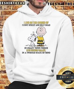 Cozy hoodie featuring Snoopy and Charlie Brown with the phrase 'I Live on the Corner of Funny Street and Silly Road'.