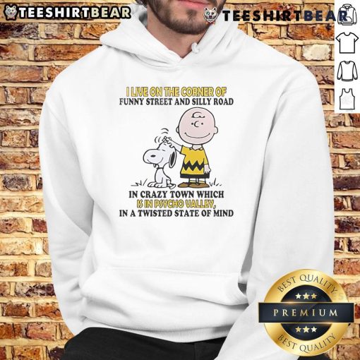 Cozy hoodie featuring Snoopy and Charlie Brown with the phrase 'I Live on the Corner of Funny Street and Silly Road'.