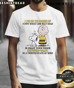 Alt Text: Good Snoopy and Charlie Brown t-shirt featuring 'I Live On The Corner Of Funny Street And Silly Road' design.